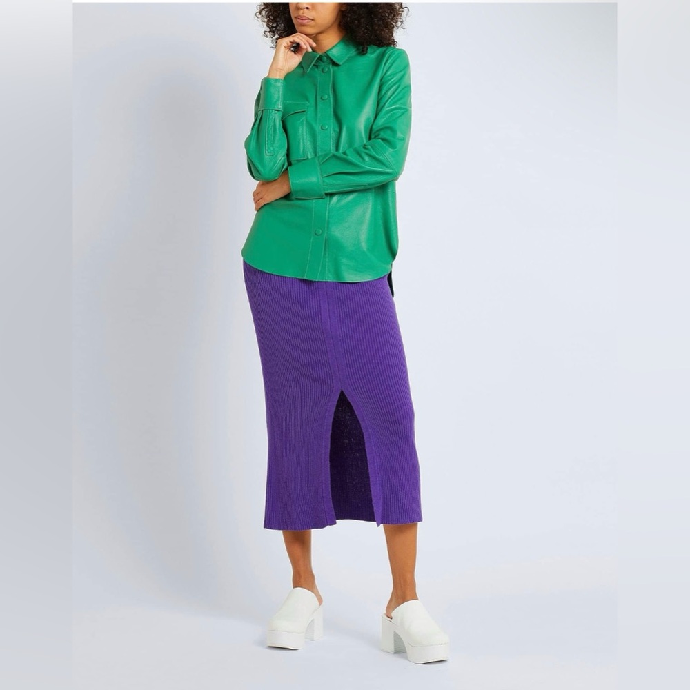 Yoox Ribbed Bodycon High-Waist Purple Front Slit Midi Modest Sweater Skirt Sz S View 2